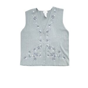 Koret Womens Green Embroidered Floral Knit Sweater Vest Oversized Small